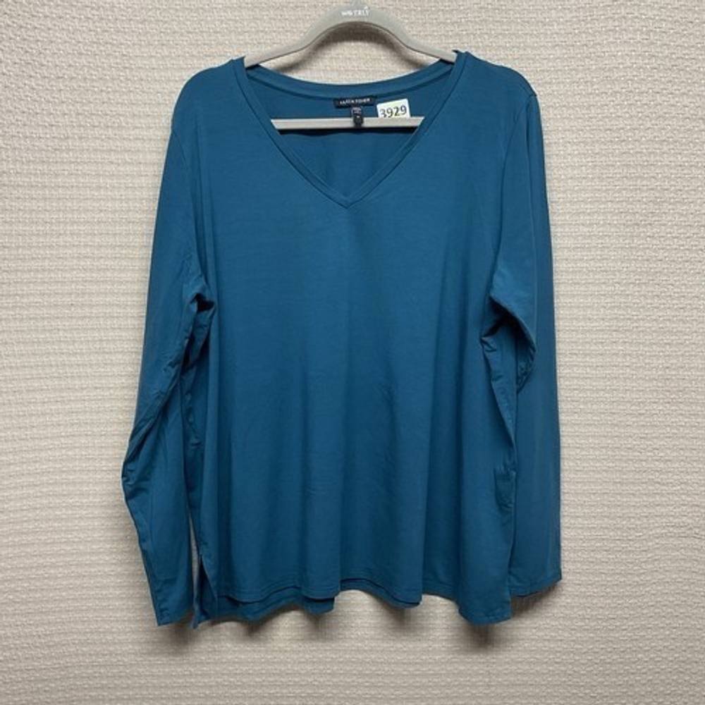 NWOT Eileen Fisher V-Neck Boxy Sweater Women Plus Size 1X Teal/Green Tencel Lyoc